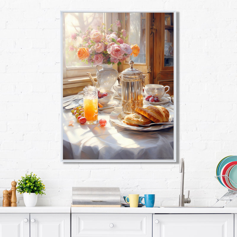 Latrivia Food, petit déjeuner douillet, art mural sur toile, 44" H x 34" W, Cadre flottant blanc