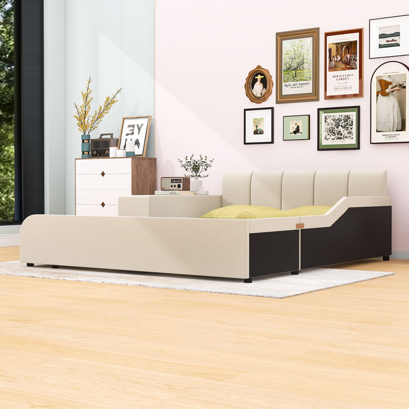 Lit tapissier Stelijana avec bureau de chevet et petit tabouret rond, Grand, Beige