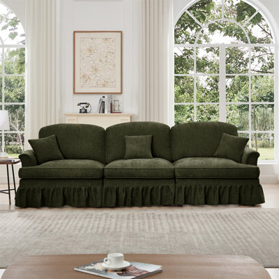 Elegant Mid Century Large 3 Seater Sofa Couch With Flared Arms And Removable Ruffles Pleats Skirts And Spindle Legs, Comfy Chenille Three-Seat Sofa For Living Room