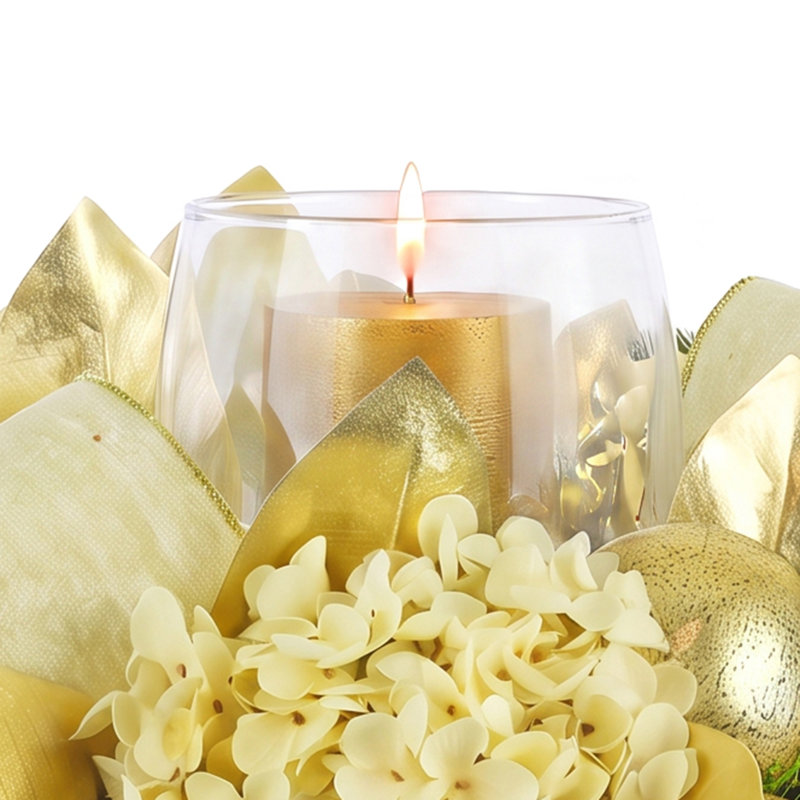 Holiday Candleholder With Hydrangeas And Magnolia Leaves