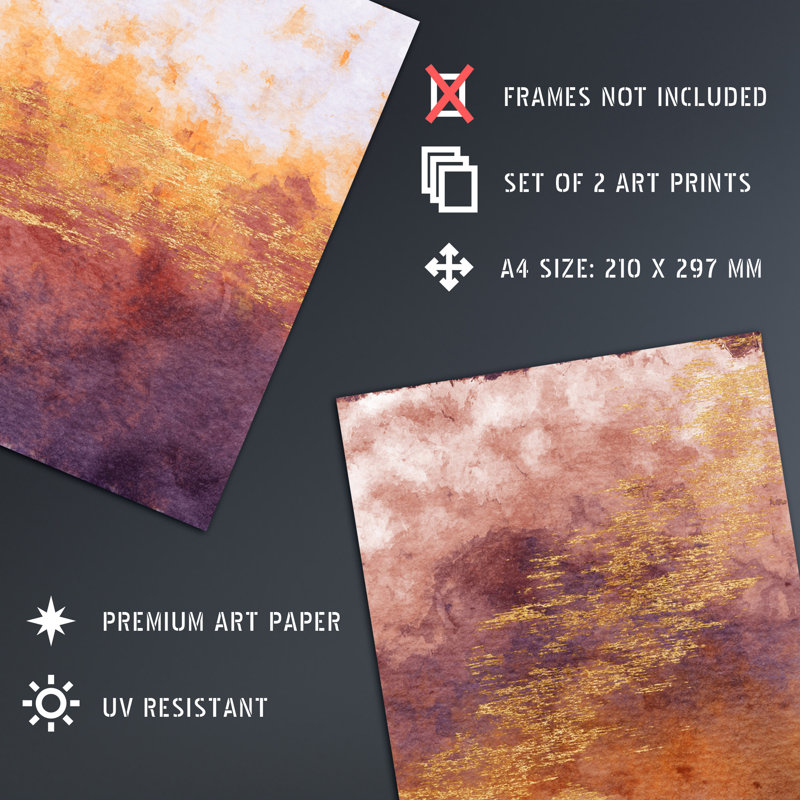 Abstract Orange Purple And Gold 2-Piece Set Unframed Wall Art Prints Living Room Aesthetic Vein Mineral