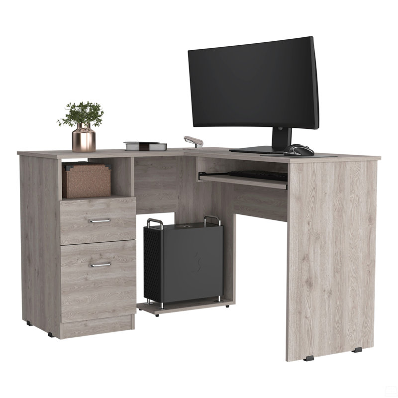 2-Drawer 1-Shelf L-Shaped Computer Desk, Gray