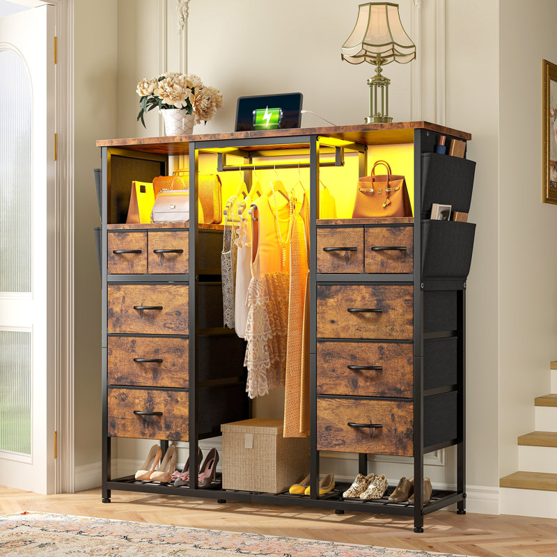 51.2" Wide Dresser With 10 Drawers, Built-in Clothing Rack, Usb Charging Station & Led Shoe Storage, Brown