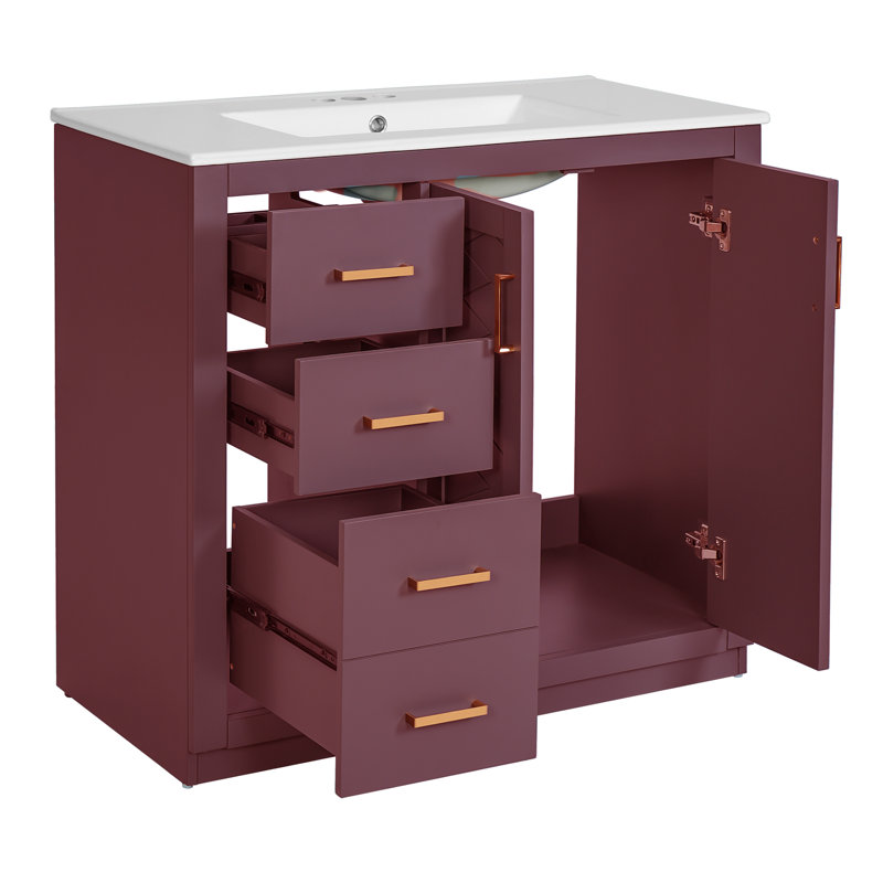 Meuble-lavabo 36 po avec lavabo en céramique, Rose, Doré