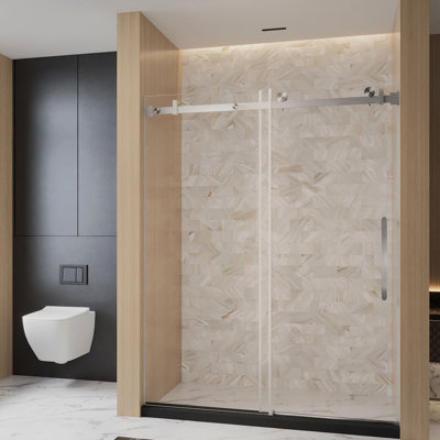 Frameless Single Sliding Shower Door  56-60 "W X 76" H, 1/4 "(6 Mm) Clear Tempered Glass, Explosion Proof Film, Stainless Steel Handle Square Tube Track  Brushed Nickel