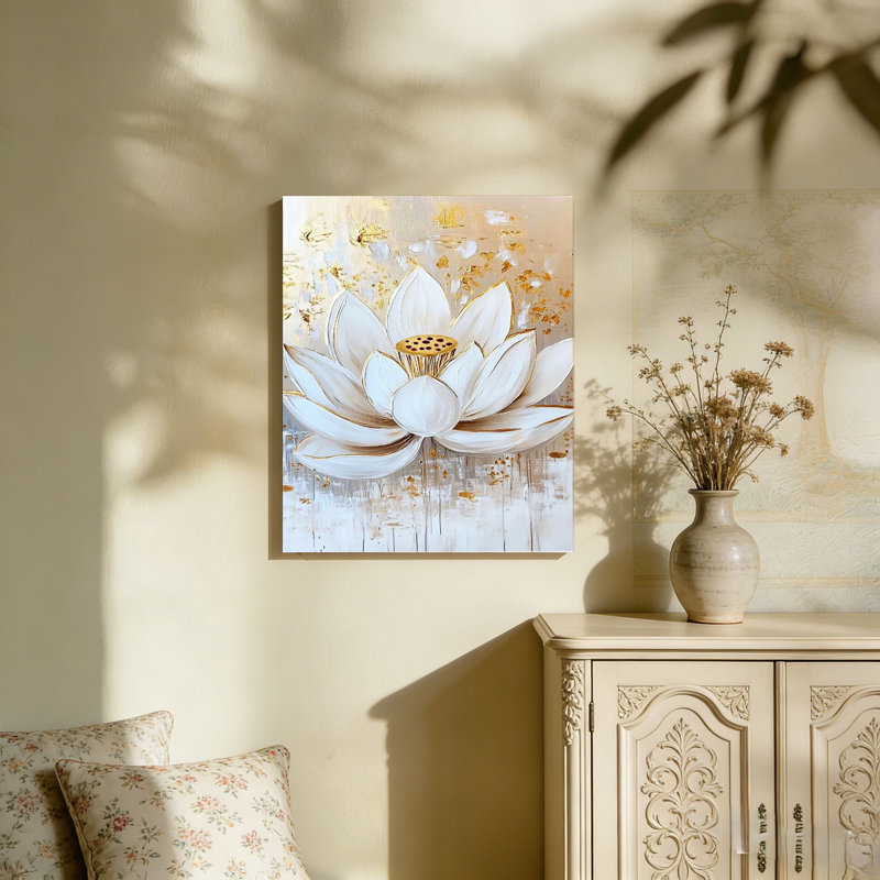 Art mural en toile blanche et dorée à motif de fleurs de lotus 36 "x 24"