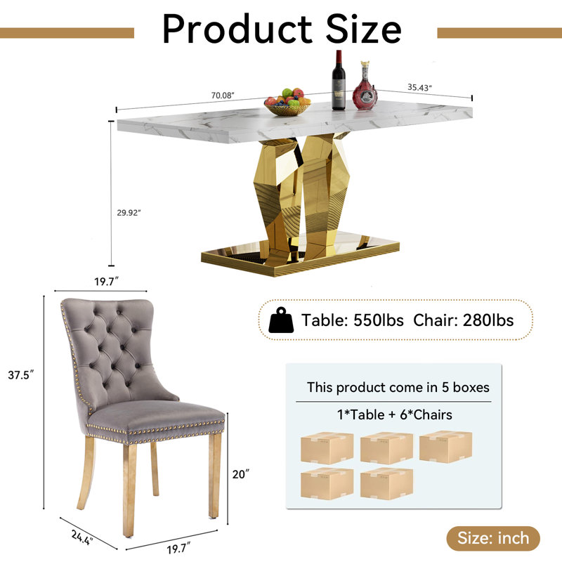 70" Faux Marble Dining Table Set for, White Dining Room Table with Velvet Dining Chairs, Modern Kitchen Table and Chairs Set, Luxury Dining Table Set for Kitchen Dining