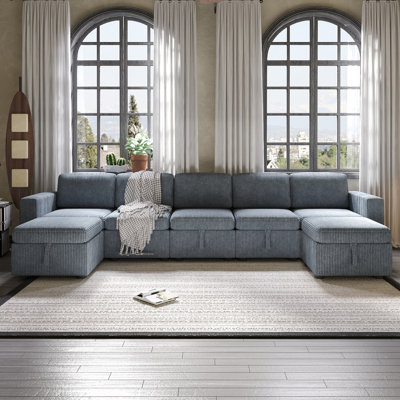 Upholstered U-shaped Corduroy Sectional Sofa With Movable Ottoman
