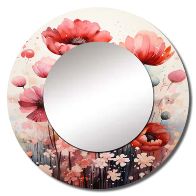 Senetra Red Cream Petals and Beauty - Floral Decorative Wall Mirror, Traditional Round Mirror, Printed Metal Art