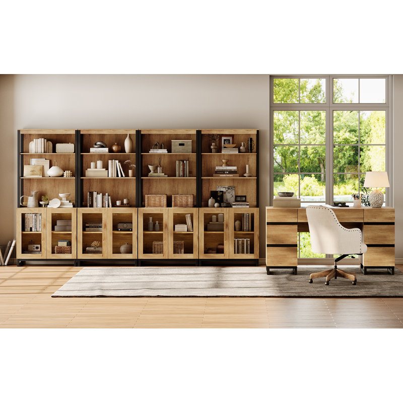  Office Set: 59" Modern Desk With Charging Station And Storage Cabinet, Four 72" Tall Bookcases With Shelves, Wood Computer Desk And Library Storage Cabinet For Work Study