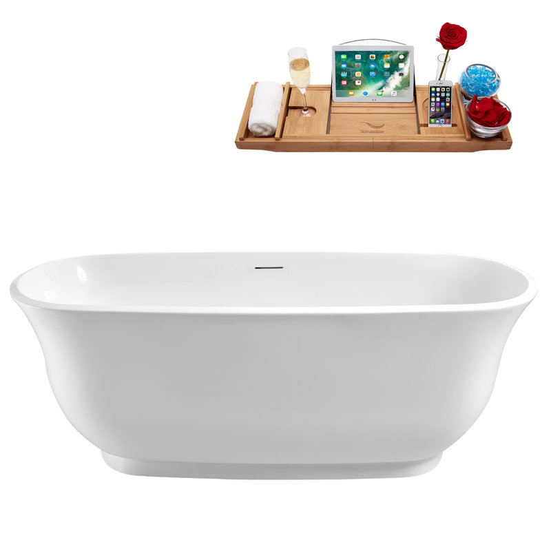 59'' Streamline Freestanding Soaking Acrylic Bathtub With Drain and Bamboo Tray, Brushed Brass