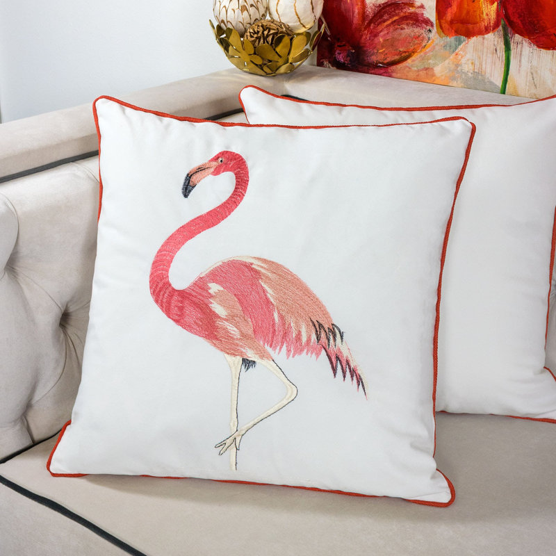 Blanquilla Embroidery Flamingo Square Velvet Pillow Cover & Insert