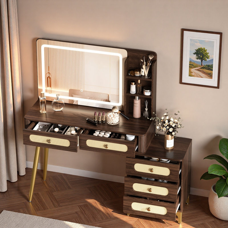 Coiffeuse de maquillage rétro avec miroir et lumières, 5 tiroirs, tablettes de rangement ouvertes, conception en rotin et poignées en métal
