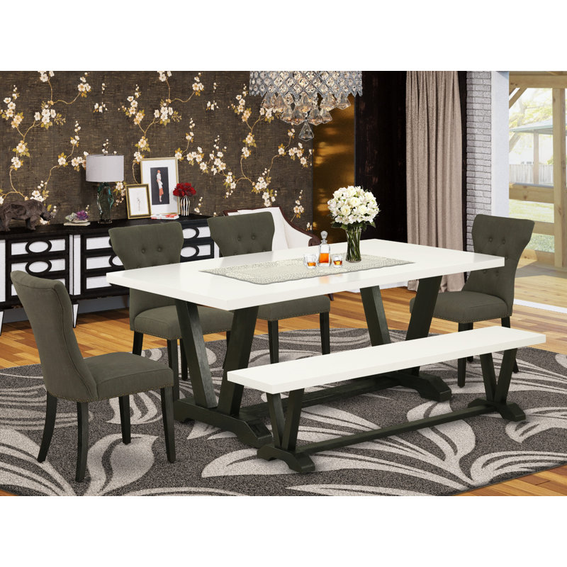 L'ensemble de table de salle à manger 6 pièces contient une table de cuisine rectangulaire avec pieds en V et 4 chaises Parson en tissu de lin Gotham foncé avec un banc, noir brossé