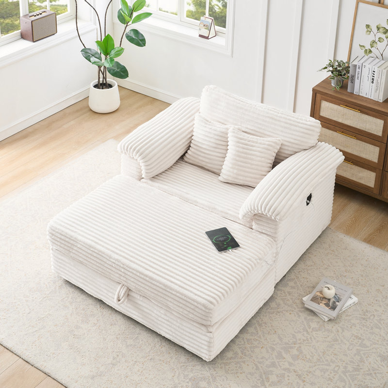 47.24" Corduroy Upholstered Sofa With Storage Ottoman, White