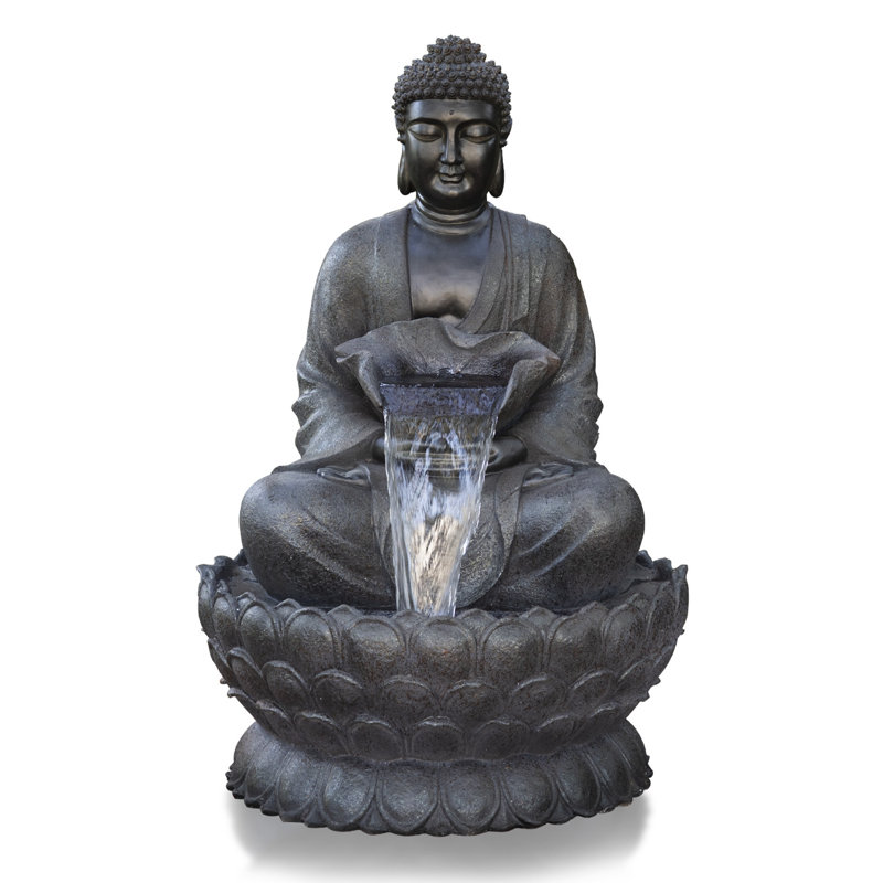 Buddha Statue Floor Fountain with LED Lights, 53", Gray, Black
