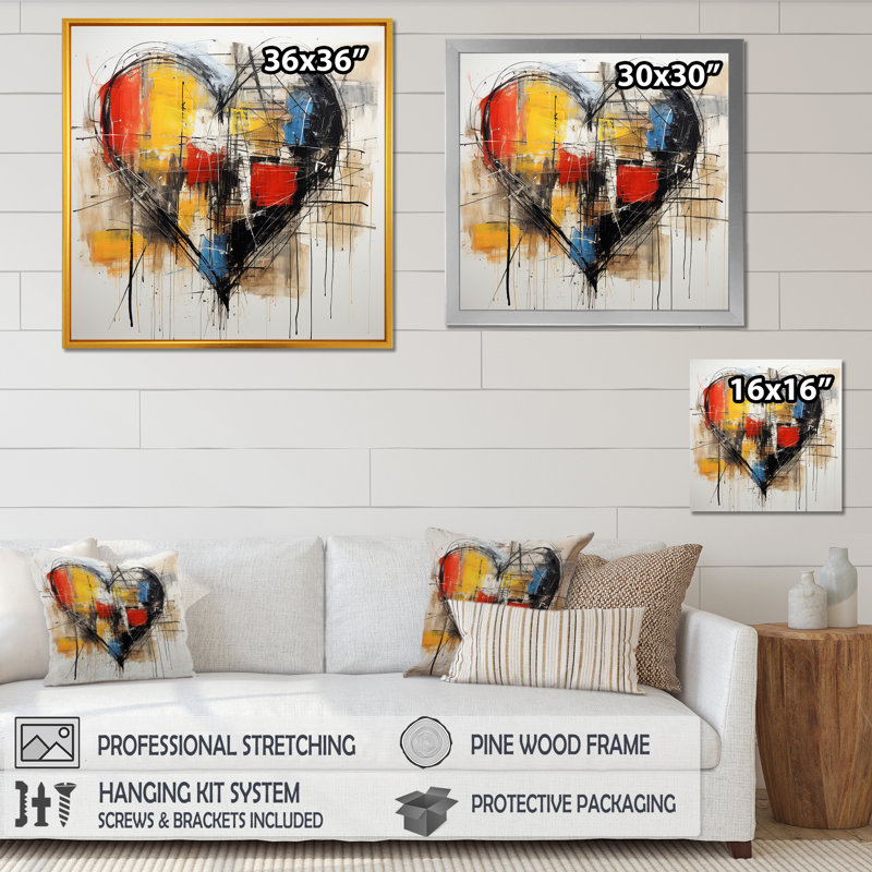 Pop Art Heart Abstract Collages - Art mural abstrait, Toile tendue, H 16 po x l 16 po x P 1 po