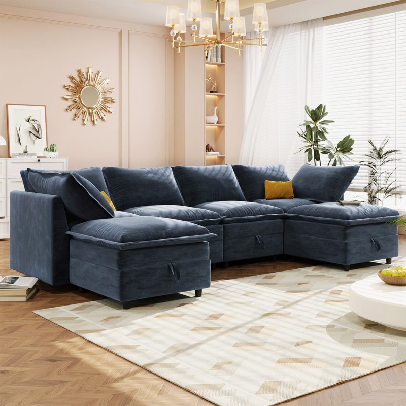 Canapé-lit modulaire en forme de U Taquila, Polyester bleu foncé