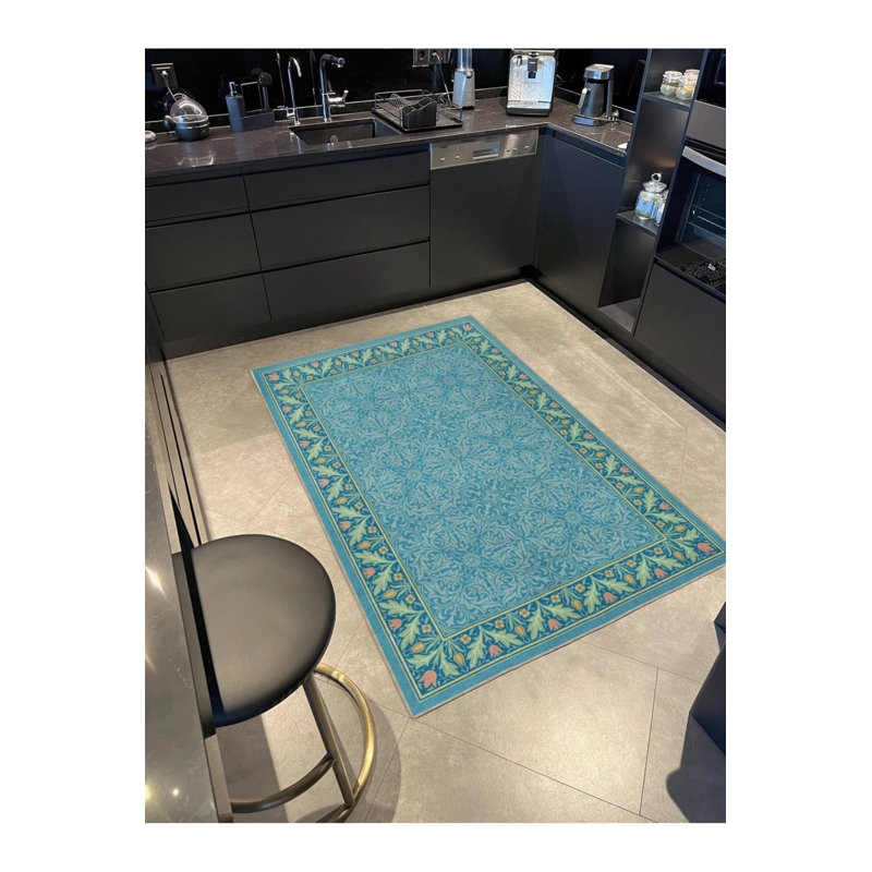 Blue Framed Pastel Painted Decorative Washable Carpet, Round 4'