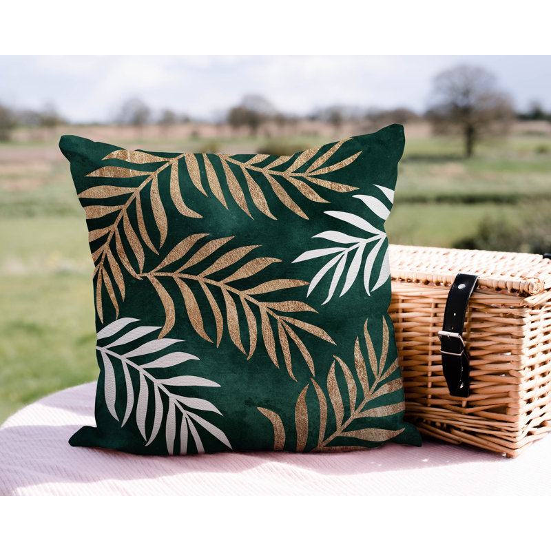 Coussin intérieur / extérieur Bobo Fern, L 15 po x H 15 po, Émeraude / or / blanc