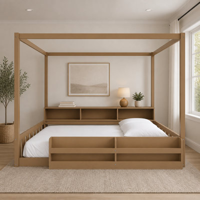 Lit au sol Montessori pleine grandeur avec barrière et garde-corps, cadre de lit au sol pour enfants avec bibliothèque et étagères de rangement intégrées, lit à baldaquin en bois à lattes pour garçons et filles, brun foncé