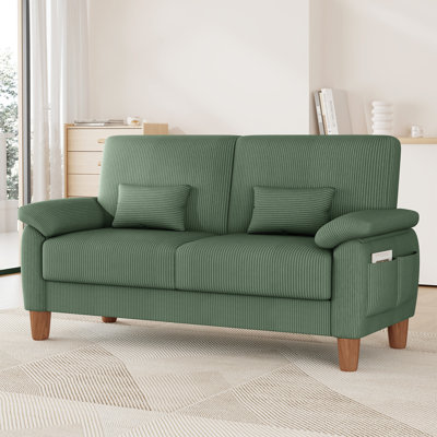 Canapé 71 pouces en velours côtelé 2 places avec structure en bois massif, coussin de siège à ressorts et deux coussins décoratifs - vert
