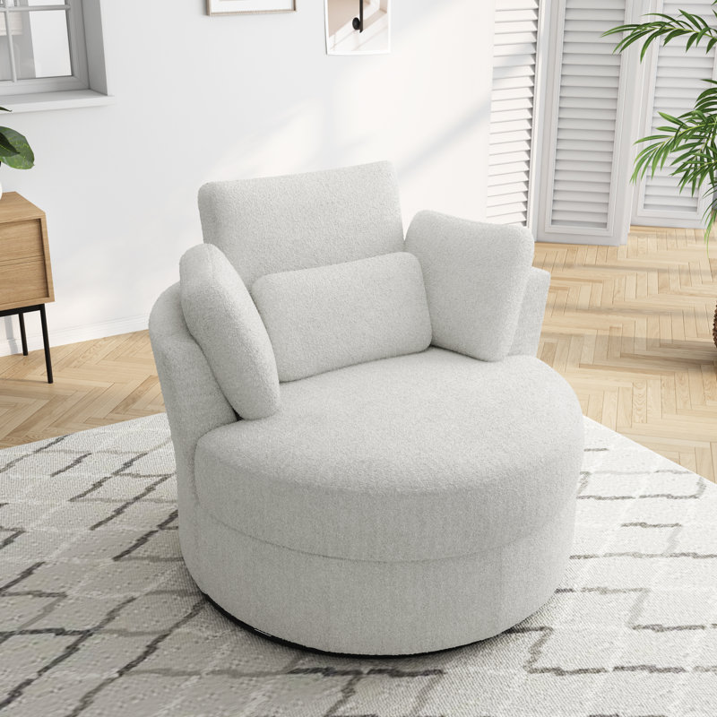 Niama Upholstered Swivel Lounge Armchair With Pillows, Ivory Polyester Blend/Polyester