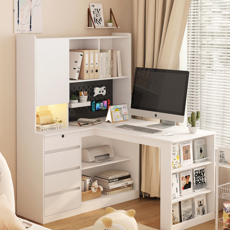 Bureau en L avec chargeur, bureau d'ordinateur avec tiroirs, bibliothèque, avec éclairage à DEL, bureau d'angle moderne, bureau à domicile, bureau d'écriture en L, bureau d'ordinateur de coin avec rangement