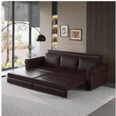 Chesterfield Sofa,93.7" King Pull Out Sofa Bed, 3-in-1 Faux Leather Convertible Sleeper Sofa with Nailhead Trim & Rolled Arm,Multi-Functional Sofa Bed,Dark Brown(new sku:W1885S00096/W1885S00035)