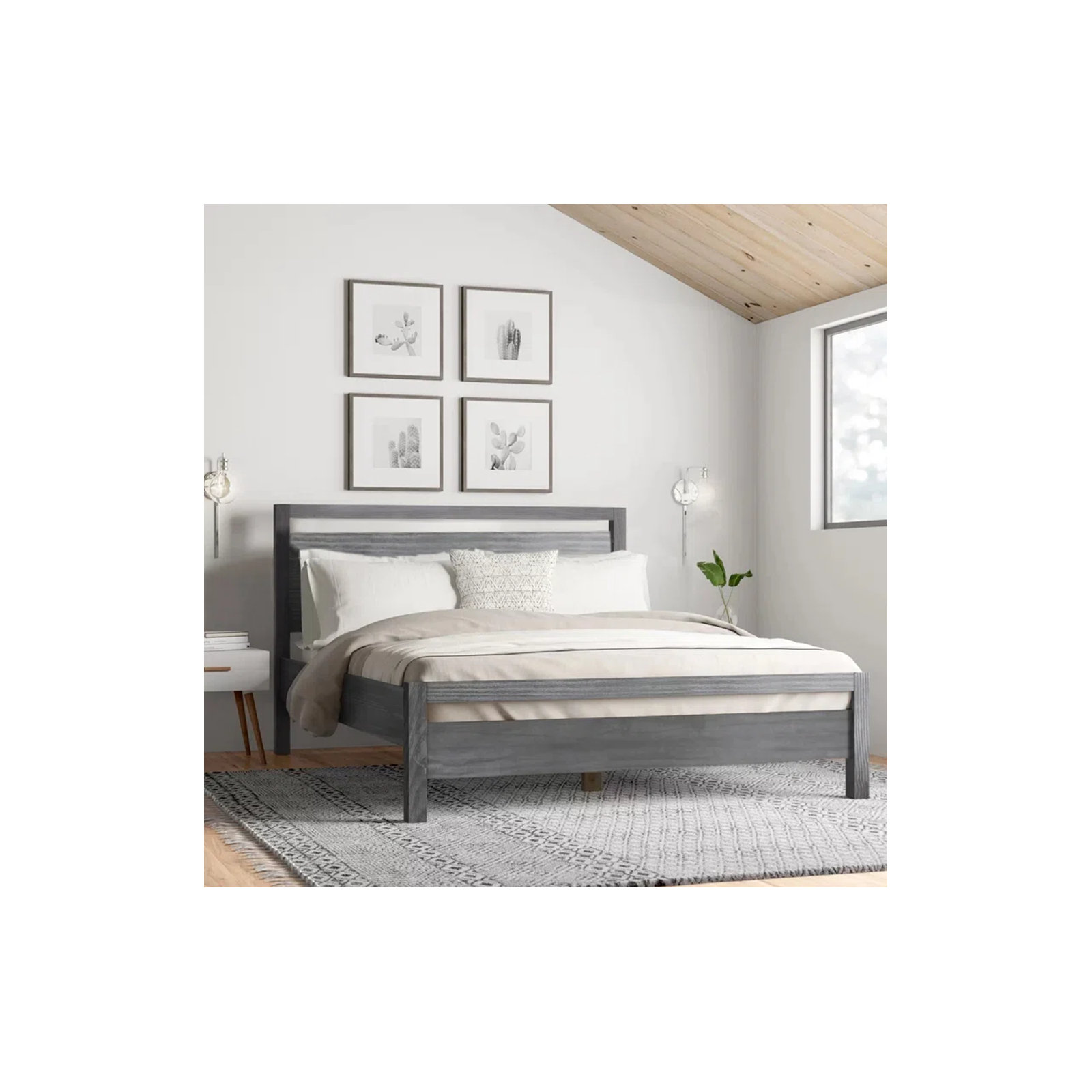 Loft Solid Wood Panel Bed, Brushed Gray, Queen
