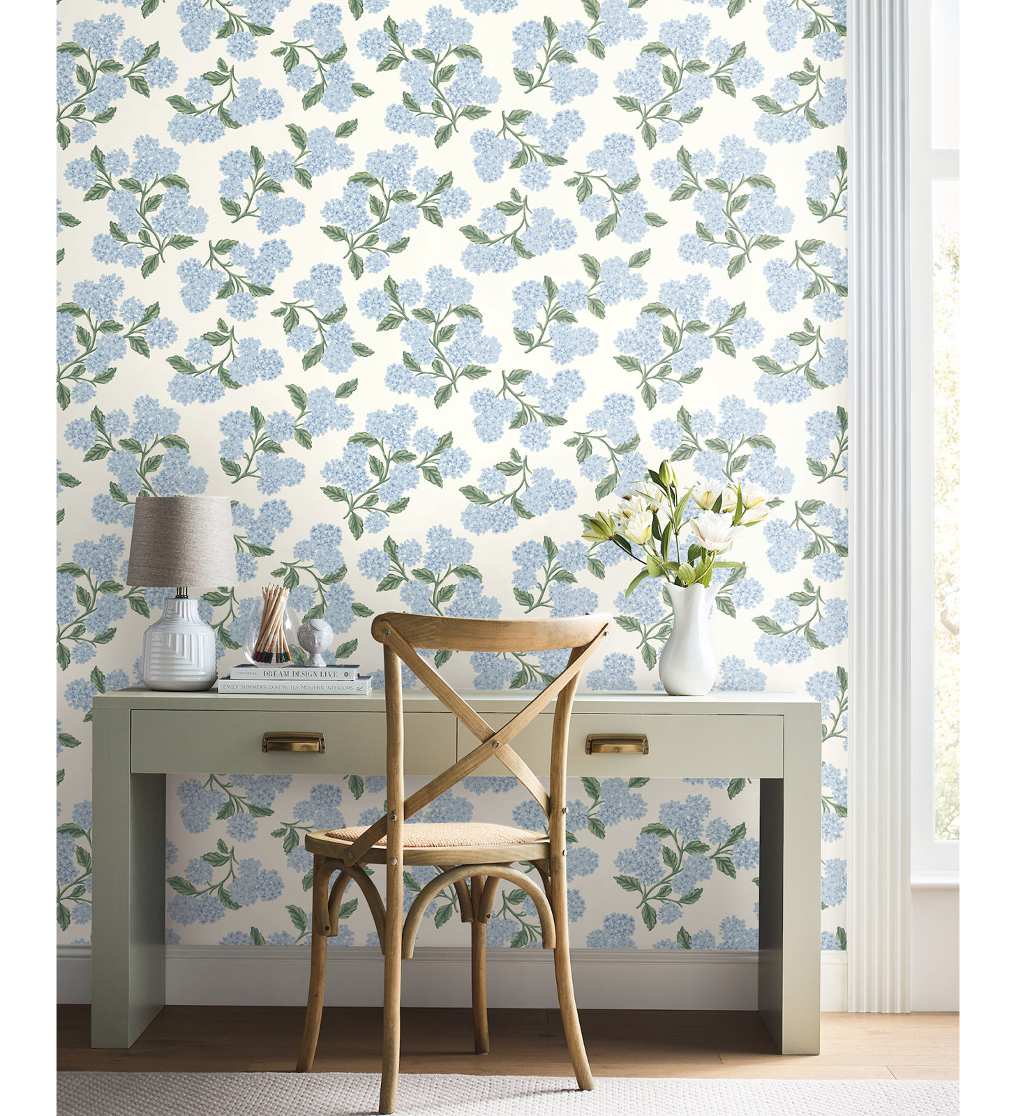 Hydrangea White Peel and Stick Wallpaper, Blue