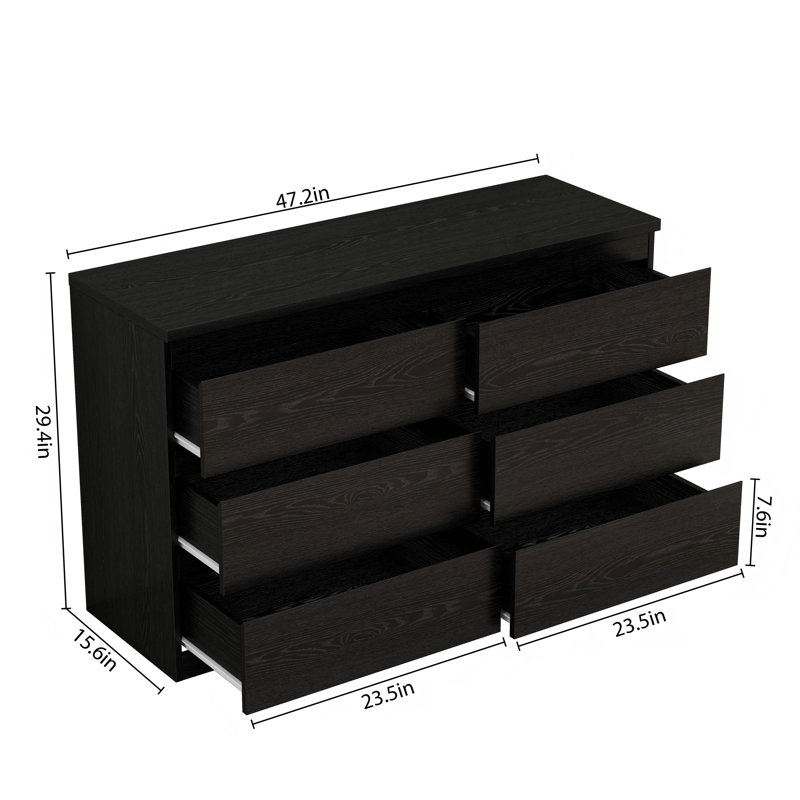 Commode 6 tiroirs noire - Commode de rangement moderne sans poignée avec panneau supérieur épaissi - Armoire de chambre minimaliste
