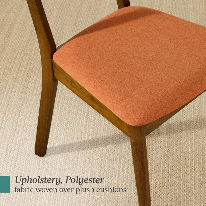 2-Piece Mid-Century Modern Wood & Upholstered Dining Chair Set, Orange, Walnut