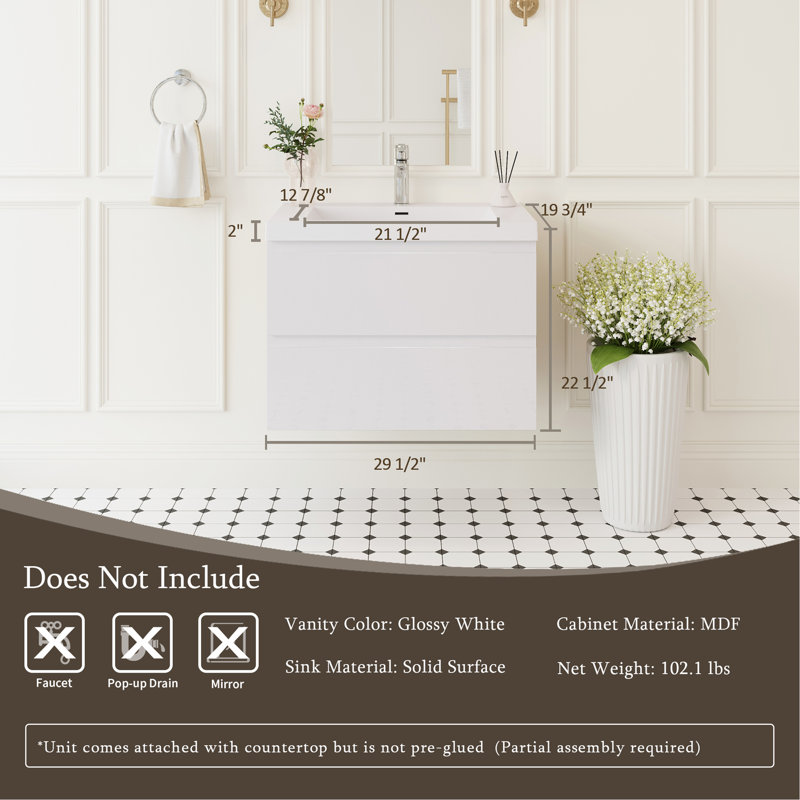 Meuble-lavabo flottant avec lavabo, meuble-lavabo mural moderne avec lavabo à surface solide et tiroirs à fermeture en douceur entièrement assemblé