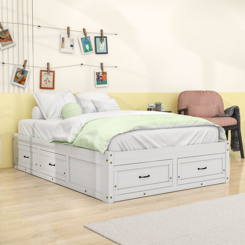 Wooden Platform Bed with 6 Drawers, Antique White, Full