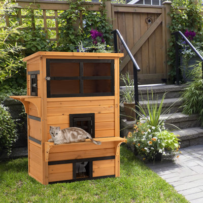 Pawhut 3-Storey Cat House Feral Cat Shelter, Outdoor Kitten Condo With Raised Floor, Asphalt Roof, Escape Doors, Jumping Platforms, Yellow