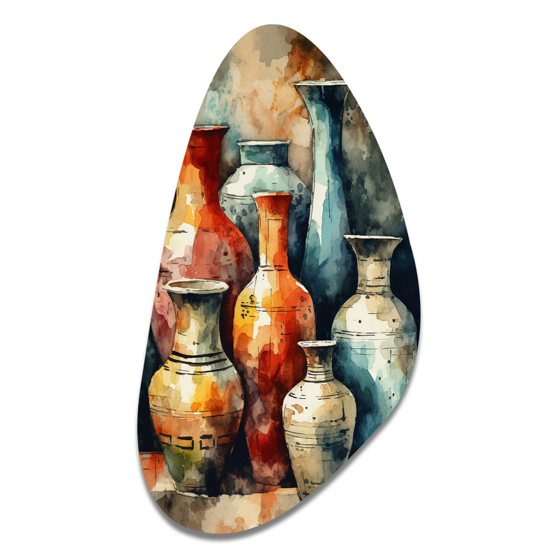 Orange And Green Boho Pottery - Boho Pottery Asymmetrical Metal Wall Art, Orange Irregular Shape Metal Art Print