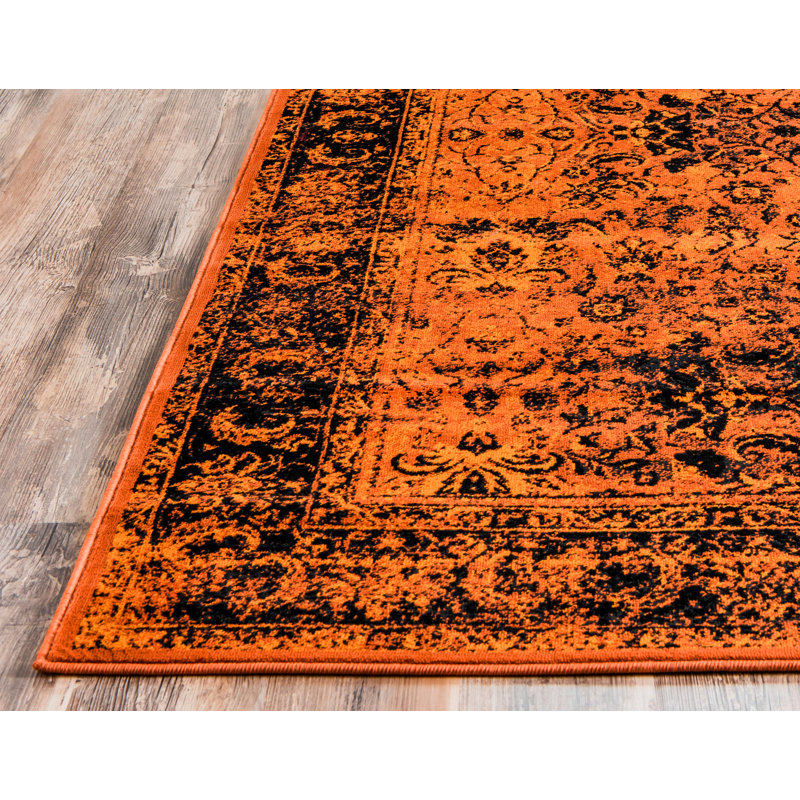 Tapis oriental terre cuite / noir / orange Yareli, Tapis de couloir 2 pi x 6 pi