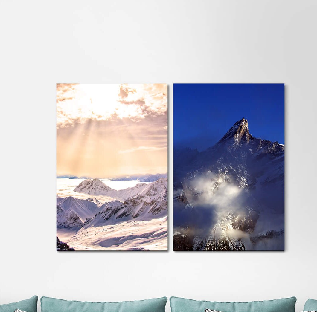 2-tlg. Leinwandbilder-Set - Fotografie "Berge, Ozean, Horizont, Abend, Rotes Licht, Weite, Distanz, Stille"