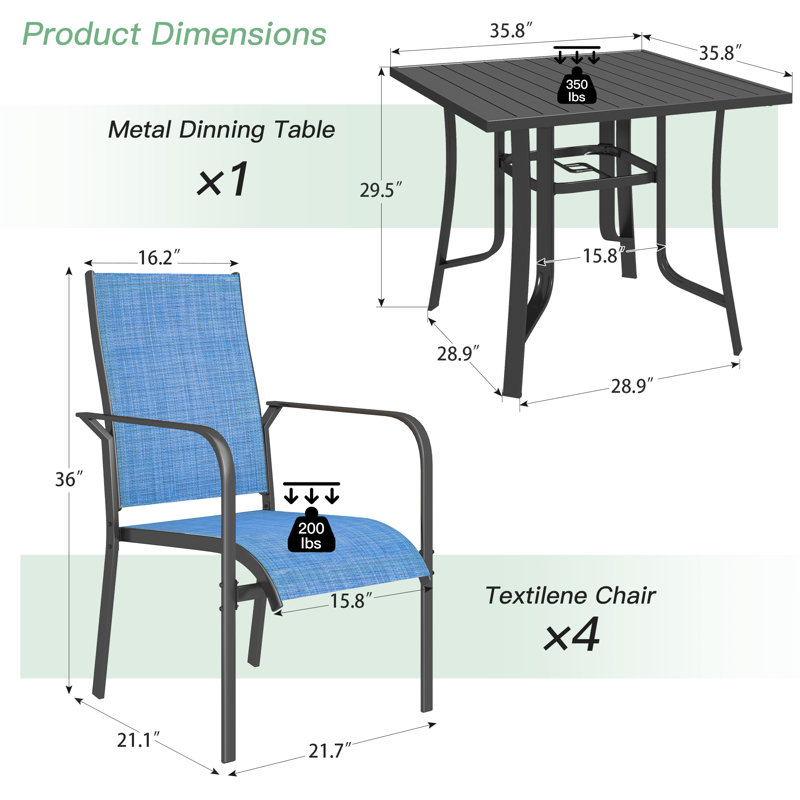 5 Piece Patio Dining Set, Outdoor Dining Table And Chairs Set For 4, 4 PVC-coated polyester Chairs, 1 Iron Square Table With Umbrella Hole, Patio Furniture Set For Deck, Backyard, Lawn, Poolside,