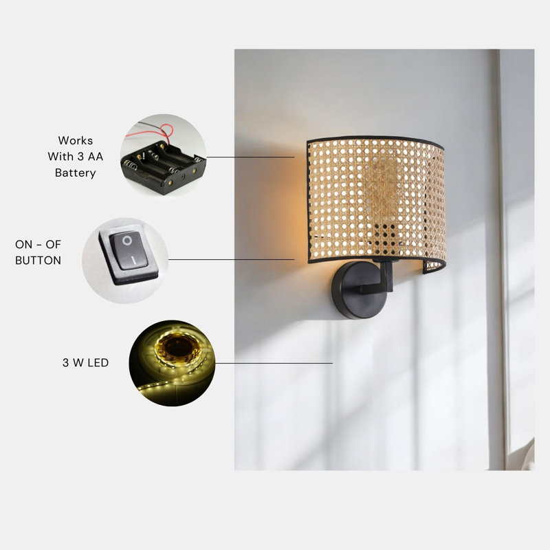 Lampe murale élégante avec corps en métal et capuchon en tissu, noir et beige, 10,6 po x 9,8 po | 1 x douille de 3,15 W à DEL, à piles (3 AA) | Lumière blanche chaude 4500K, IP20, interrupteur marche / arrêt | Parfait pour le salon, la chambre à coucher ou le bureau