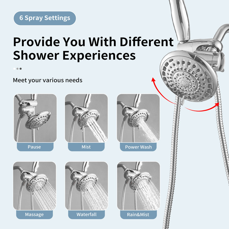 Single-Handle 6-Spray Dual Shower Faucet Set Trim Kit 1.8 GPM With Valve And Filtered Handheld Shower Head, Polished Chrome