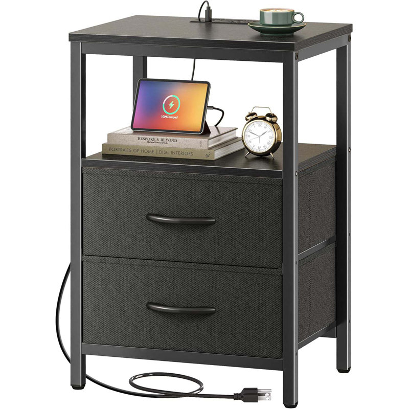 Nightstand With Charging Station, Side Table With Fabric Drawers, End Table With Open Shelf, Bedside Table With USB Ports And Outlets, Night Stand For Bedroom, Black