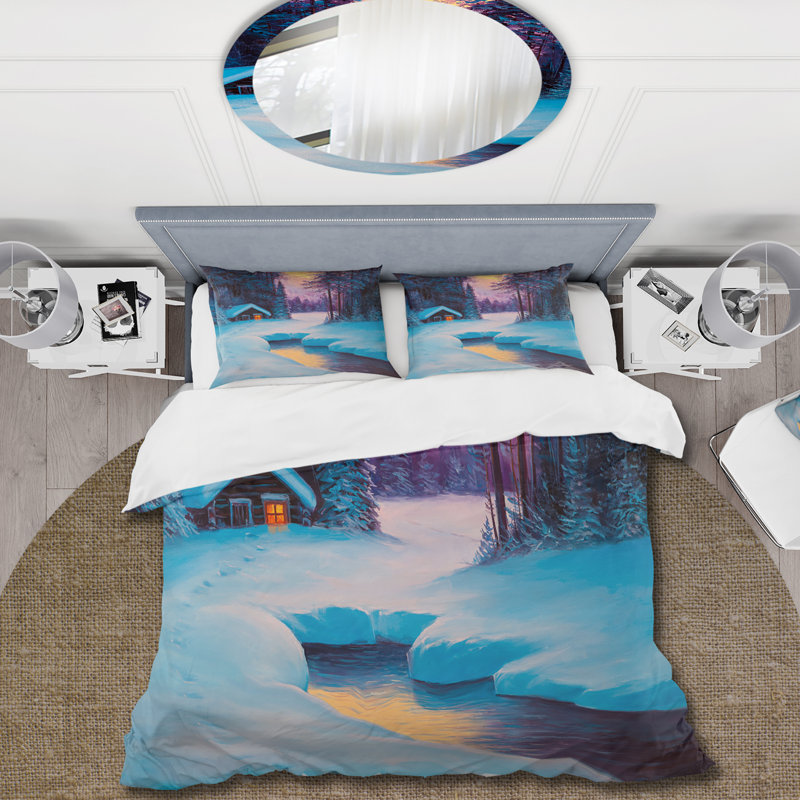 Old Cabin In Winter Forest II - Ensemble de housse de couette traditionnel - Microfibre de polyester