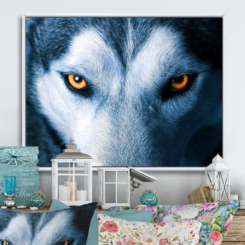 «Eyes Of Wolf», reproduction sur toile flottante, H 30 po x l 40 po x P 1,5 po, Cadre flottant blanc