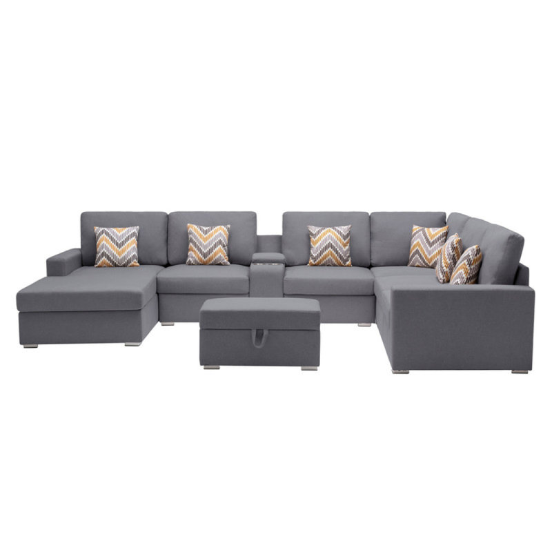 Modern Sofa 135" Linen Fabric 8Pc Reversible Chaise Sectional Sofa With Interchangeable Legs, Pillows, Storage Ottoman, And A USB
