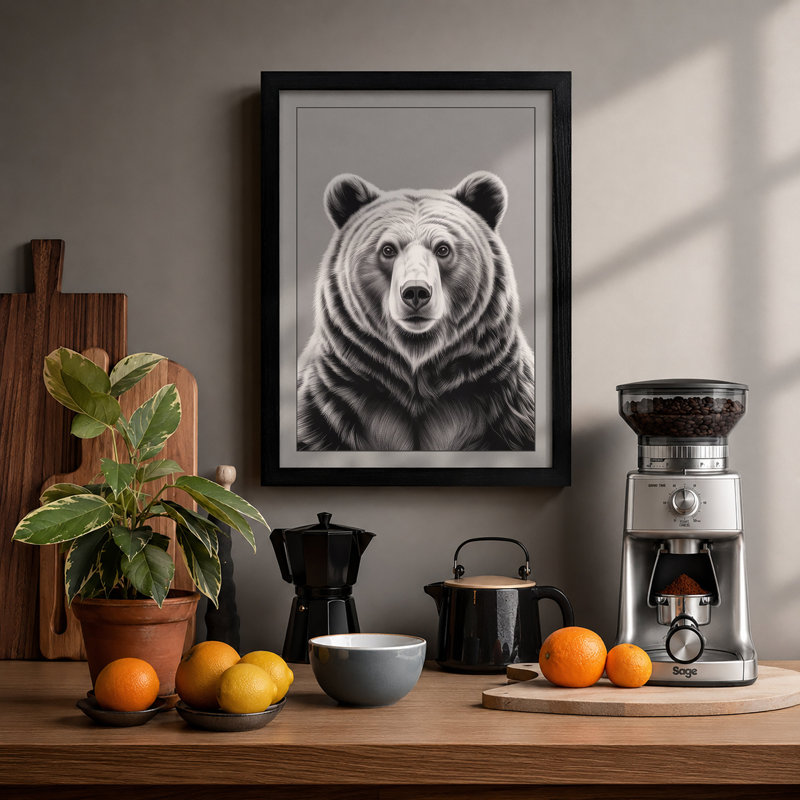 Bear's Direct Gaze Modern - Framed Print, A2 - 59.4 x 42.0 cm, Black