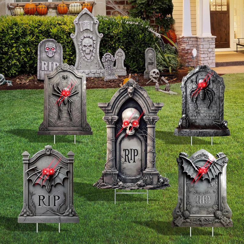 Paquet de 5 décorations d'Halloween en forme de pierre tombale avec piquets, tombes et décorations d'Halloween pour l'extérieur