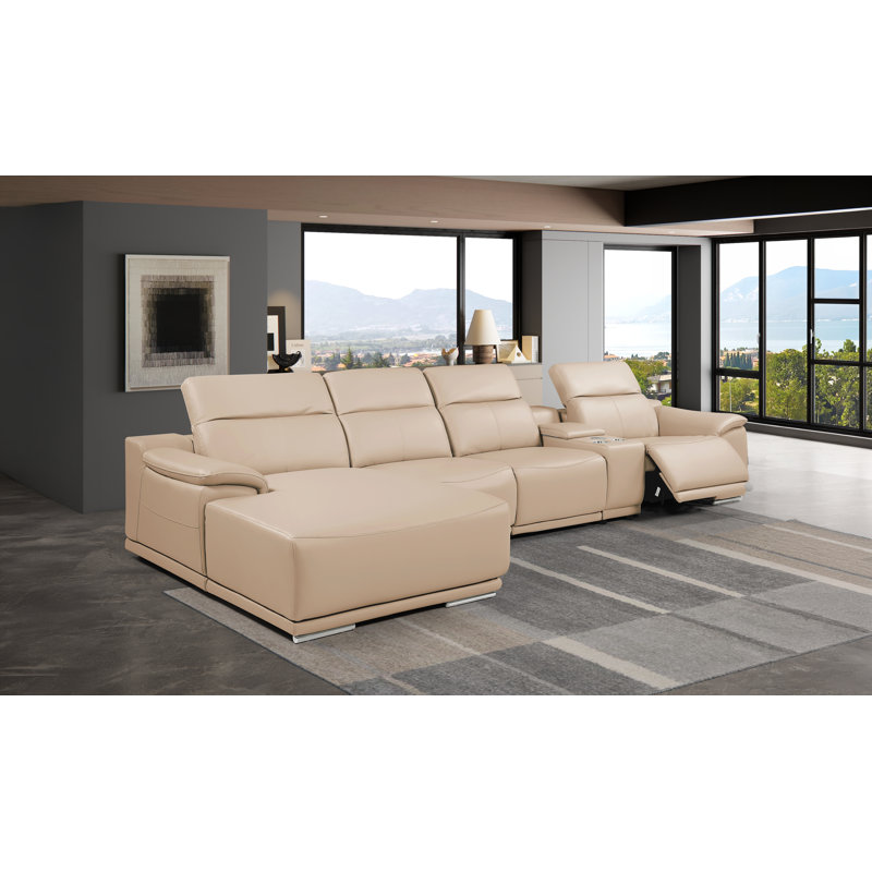 Canapé modulaire beige en cuir véritable 5 pièces faisant face à droite avec 1 fauteuil inclinable électrique et appuis-tête réglables