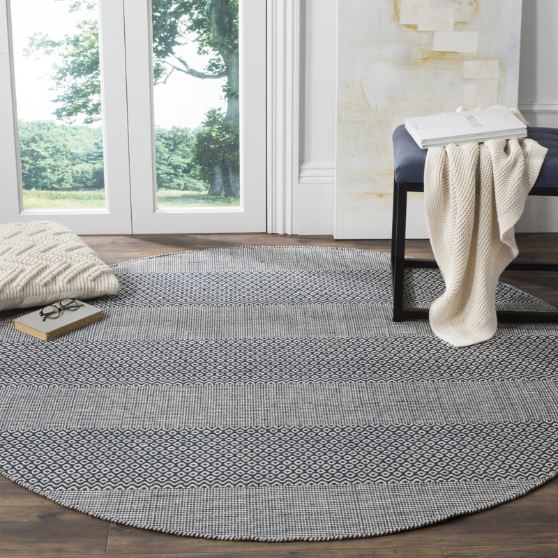 Tapis rayé ivoire / bleu marine en coton tissé à plat à la main Annia, Rond 4 pi